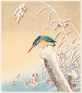 Japanese woodblock print titled Kingfisher in the Snow by the artist Ohara Koson (1877–1945)The print features a solitary, brightly colored kingfisher perched on a snow-dusted stump amid snow-covered reeds and red berries