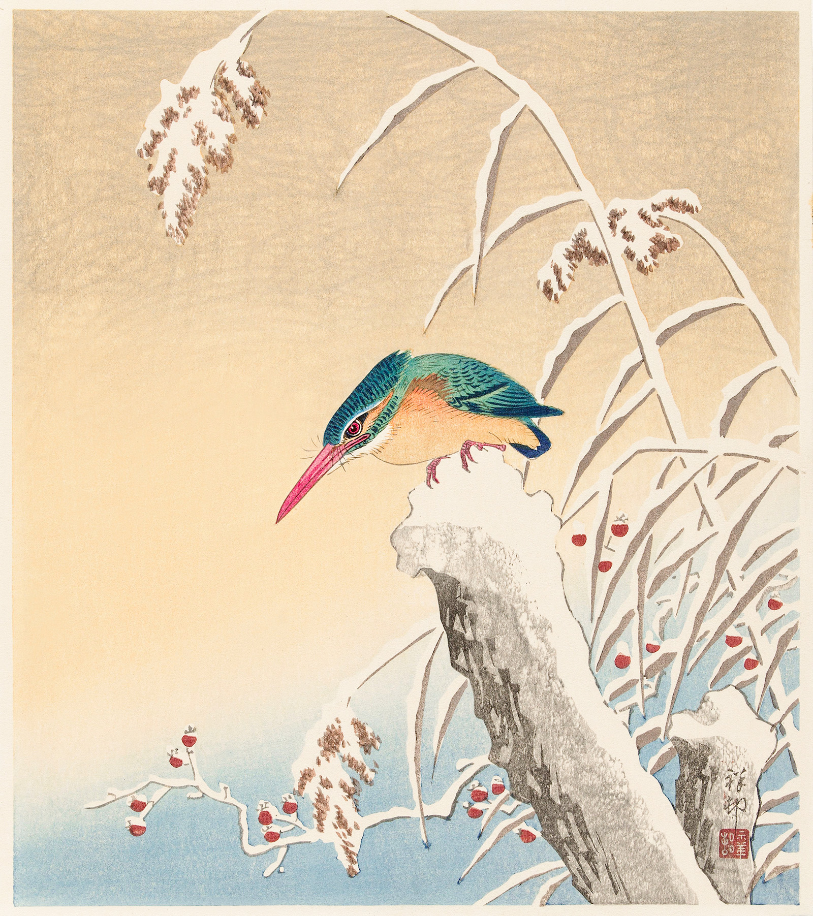 Japanese woodblock print titled Kingfisher in the Snow by the artist Ohara Koson (1877–1945)The print features a solitary, brightly colored kingfisher perched on a snow-dusted stump amid snow-covered reeds and red berries